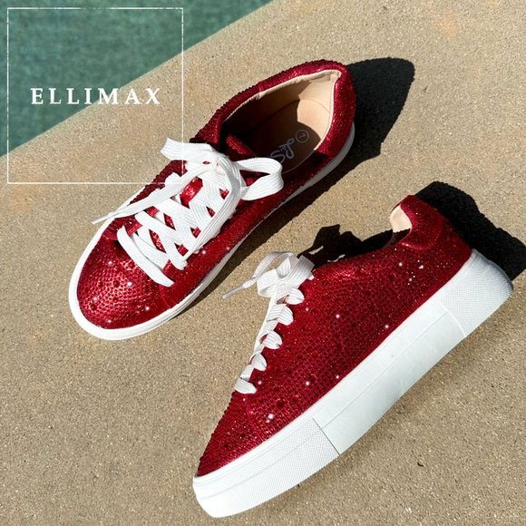NEW🔥 Sparkling Red Rhinestone Crystal Embellished Lace Up Flat Platform Sneaker - Picture 4 of 8